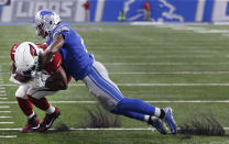 <p>Detroit Lions free safety Glover Quin (27) tackles Arizona Cardinals running back David Johnson (31) during the first half of an NFL football game in Detroit, Sunday, Sept. 10, 2017. (AP Photo/Jose Juarez) </p>