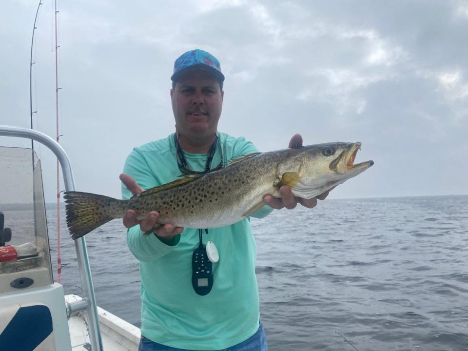 Local inshore expert Michael Aman holds up one of many trout caught on artificial bait while fishing the flats near Aucilla.