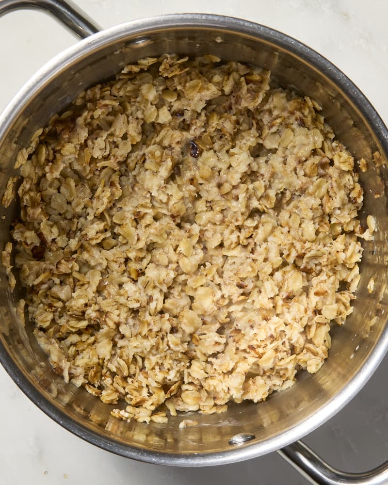 overhead shot of oatmeal in a large pot