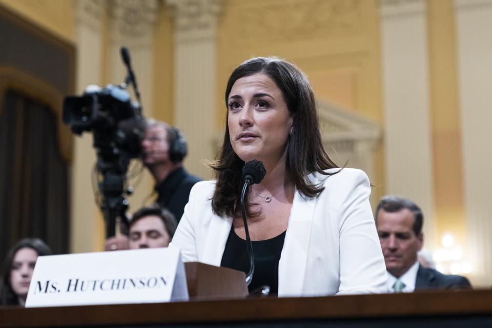<span>Former White House aide Cassidy Hutchinson testifies on June 28, 2022, before the Select Committee to Investigate the January 6th Attack on the U.S. Capitol.</span> <span><a href="https://www.gettyimages.com/detail/news-photo/cassidy-hutchinson-an-aide-to-former-white-house-chief-of-news-photo/1241608601?adppopup=true" rel="nofollow noopener" target="_blank" data-ylk="slk:Tom Williams/CQ-Roll Call, Inc via Getty Images;elm:context_link;itc:0;sec:content-canvas" class="link ">Tom Williams/CQ-Roll Call, Inc via Getty Images</a></span>