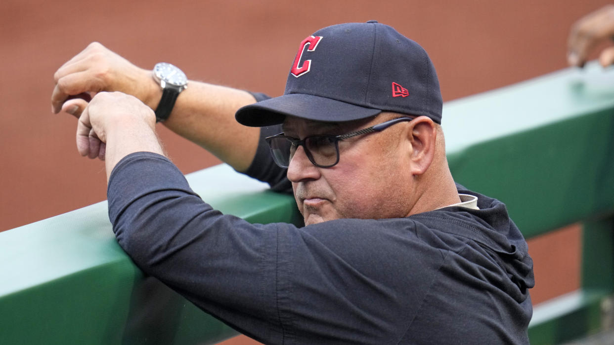 Cleveland Guardians manager Terry Francona stands in the dugout during a baseball game against the Pittsburgh Pirates in Pittsburgh, Tuesday, July 18, 2023. (AP Photo/Gene J. Puskar)