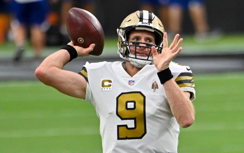 New Orleans Saints quarterback Drew Brees (9) warms up prior to an NFL football game against the Las Vegas Raiders, Monday, Sept. 21, 2020, in Las Vegas.  - AP