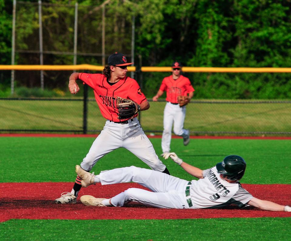 Taunton’s Brayden Cali attempts to complete a double play as Mansfield’s Sam Martin slides into second during Wednesday’s game.