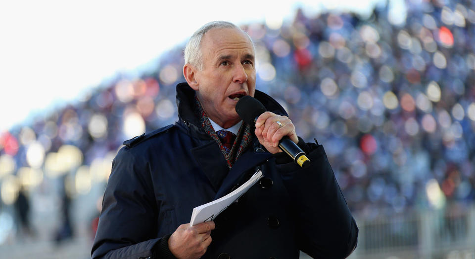 TORONTO, ON - JANUARY 01:  Sportscaster Ron MacLean announces the Top 33 of 100 NHL players before the start of the 2017 Scotiabank NHL Centennial Classic to be played between the Detroit Red Wings and the Toronto Maple Leafs at Exhibition Stadium on January 1, 2017 in Toronto, Ontario, Canada.  (Photo by Dave Sandford/NHLI via Getty Images)