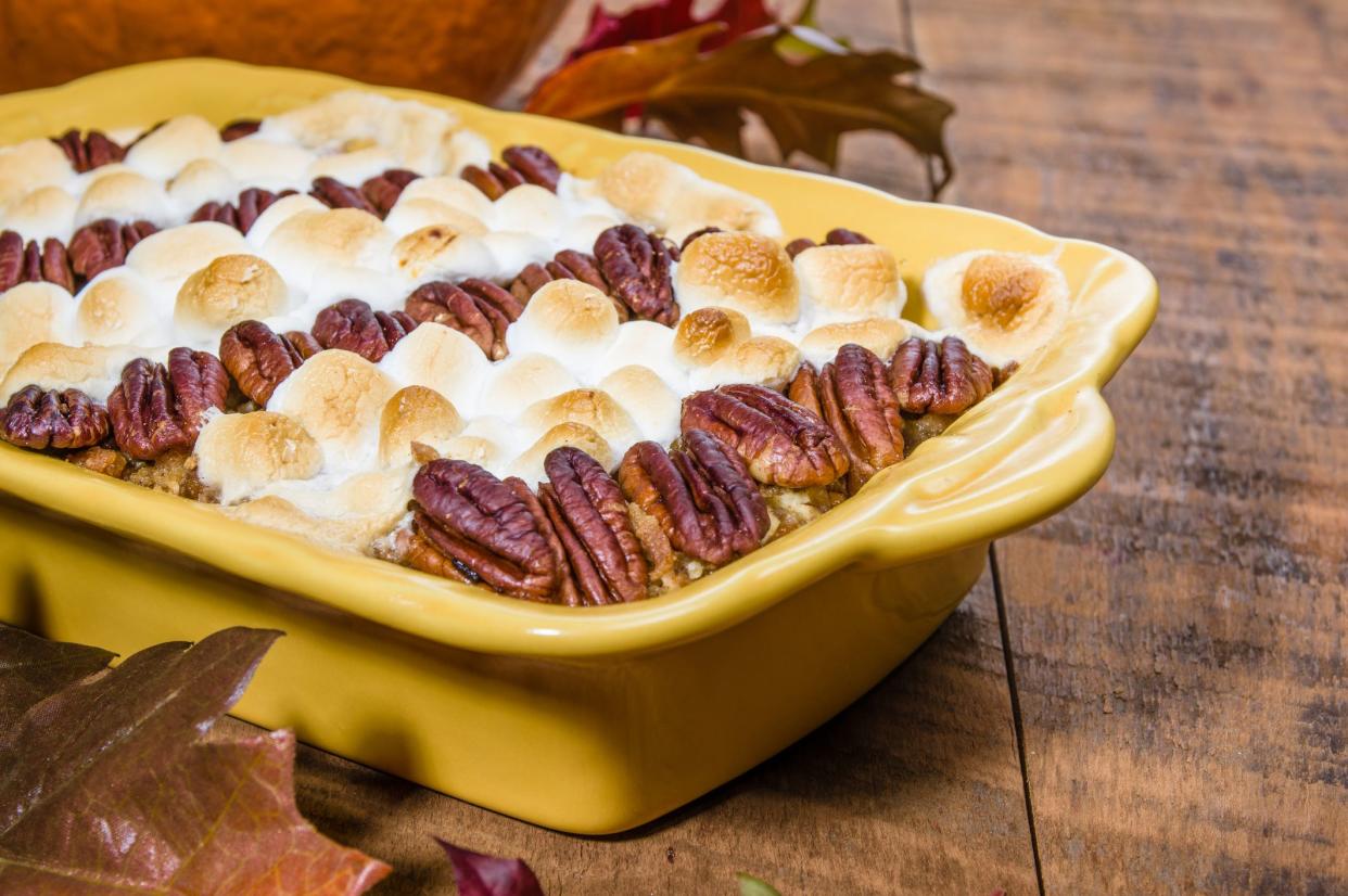 Sweet potato casserole with pecans and marshmallow topping