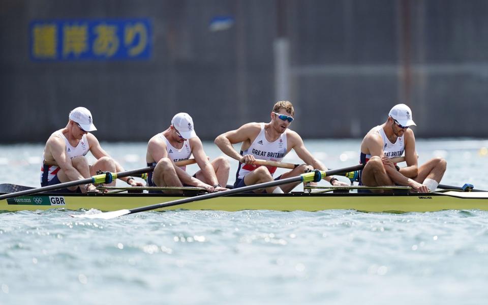  Great Britain's Oliver Cook, Matthew Rossiter, Rory Gibbs and Sholto Carnegie react to finishing fourth - A soft approach and softer results: Sir Steve Redgrave hits out at British Rowing after poor Olympics - PA