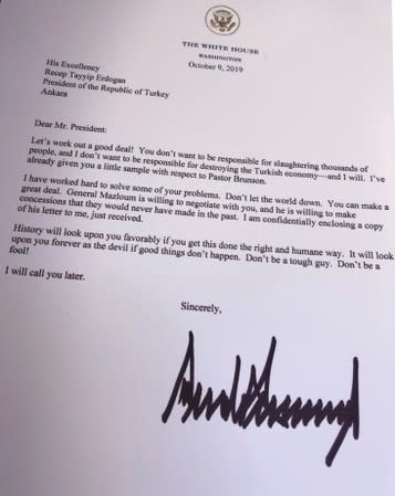 A letter from U.S. President Trump to Turkey's President Erdogan is seen after being released by the White House in Washington