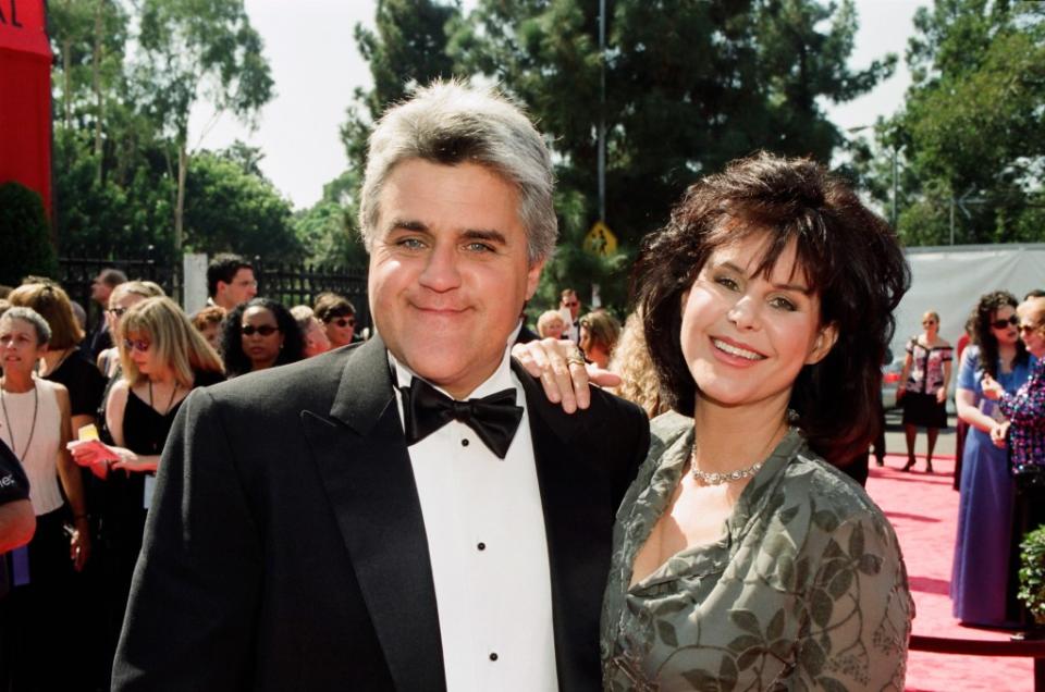 Jay Leno and Mavis Leno arrive at the 50th Annual Primetime Emmy Awards on September 13, 1998. NBCU Photo Bank/NBCUniversal via Getty Images