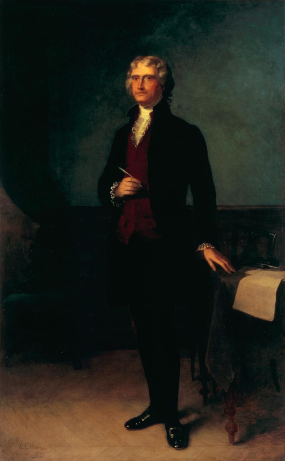 This full-length portrait of Thomas Jefferson was painted by Eliphalet Frazer Andrews in 1884, several decades after Jefferson's death. The U.S. government commissioned several posthumous paintings of important American political figures from Andrews, some of which, like this example, later entered the White House collection.