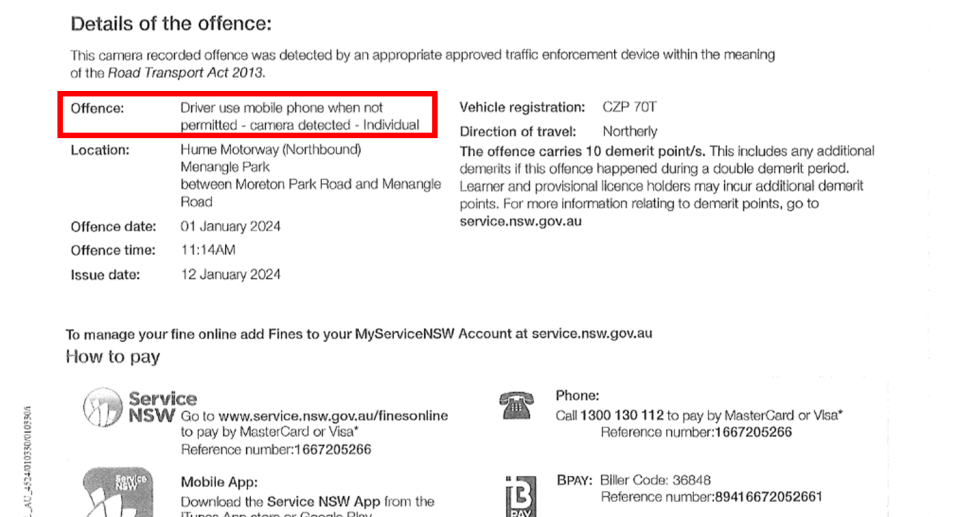 A copy of the infringement Merridy Gordon received from TfNSW, ordering her to pay $387. 