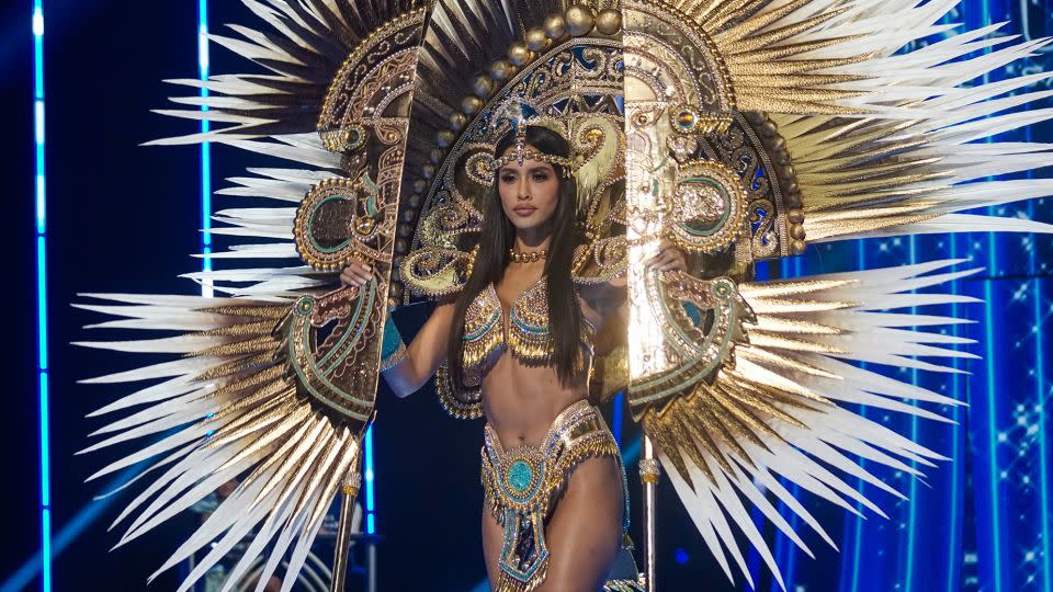 Inspired by Incan culture, Miss Peru's costume featured a large-scale representation of a tumi, a ceremonial knife. Also, lots of points feathers. - Alex PeÃ±a/Getty Images South America/Getty Images