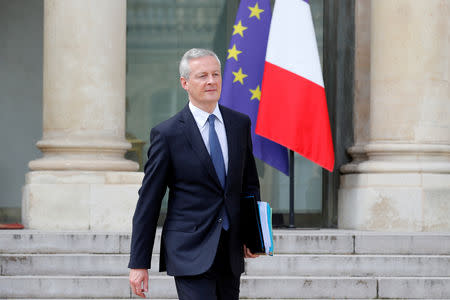 FILE PHOTO: French Finance Minster Bruno Le Maire leaves the weekly cabinet meeting at the Elysee Palace dedicated to the reconstruction of Notre-Dame Cathedral two days after a massive fire devastated large parts of the gothic structure in Paris, France, April 17, 2019. REUTERS/Philippe Wojazer