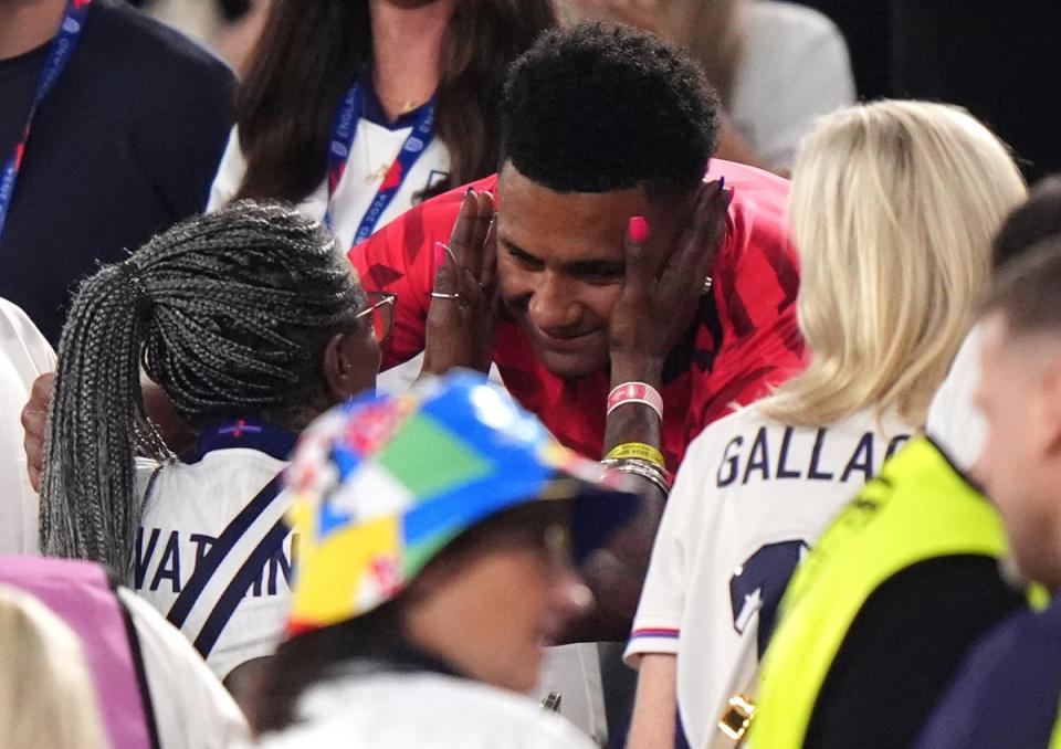 Ollie Watkins celebrates with mother Delsi-May Watkins in the stands following the UEFA Euro 2024, semi-final (PA)