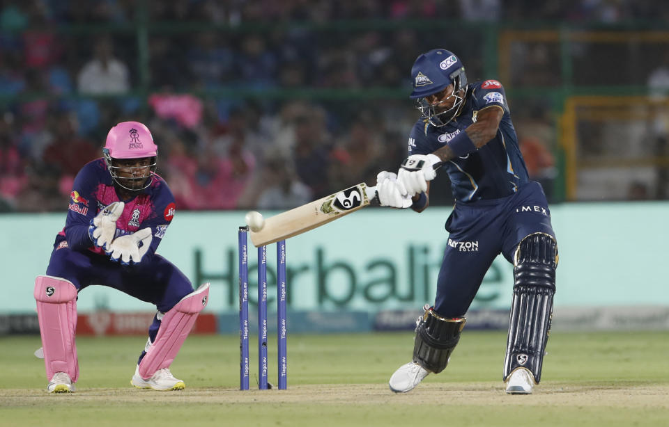 Gujarat Titans' captain Hardik Pandya bats during the Indian Premier League (IPL)cricket match between Rajasthan Royals and Gujarat Titans in Jaipur, India, Friday, May 5, 2023. (AP Photo/Surjeet Yadav)