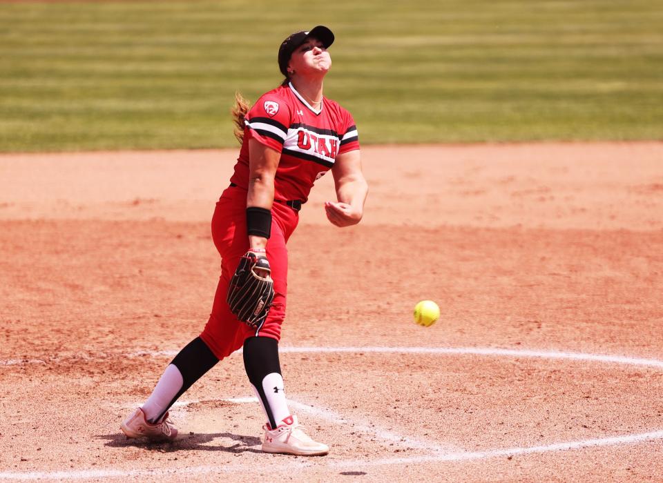 Pitcher Mariah Lopez, goes into her windup as the University of Utah softball team plays Ole Miss in NCAA softball regional championship at Utah in Salt Lake City on Sunday, May 21, 2023. Utah won 4-1. | Scott G Winterton, Deseret News