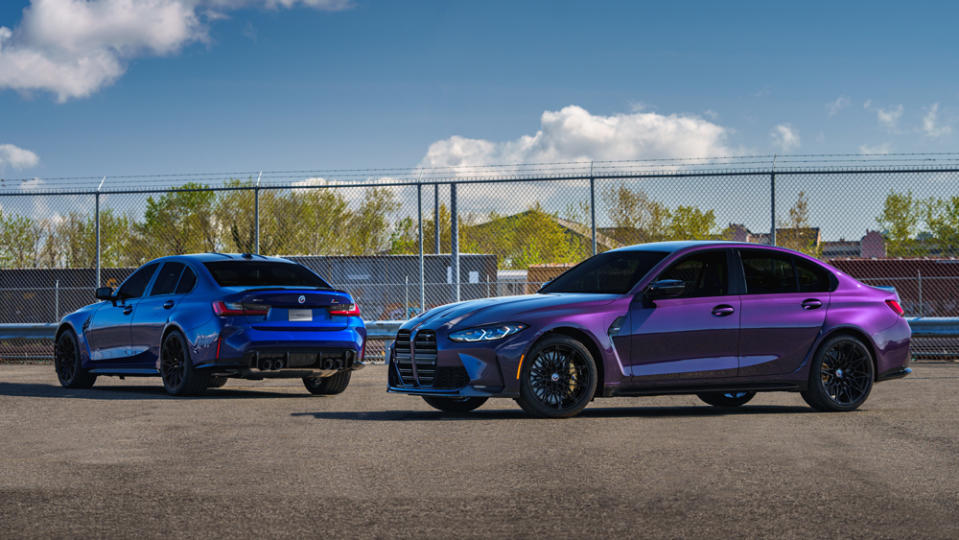 The 2023 BMW M3 Edition 50 Jahre BMW M in Techno Violet and Deep Interlagos Blue.