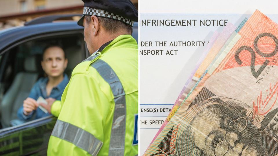 A driver receiving a ticket from a policeman on the left and Australian banknotes on top of a traffic fine notice on the right. 