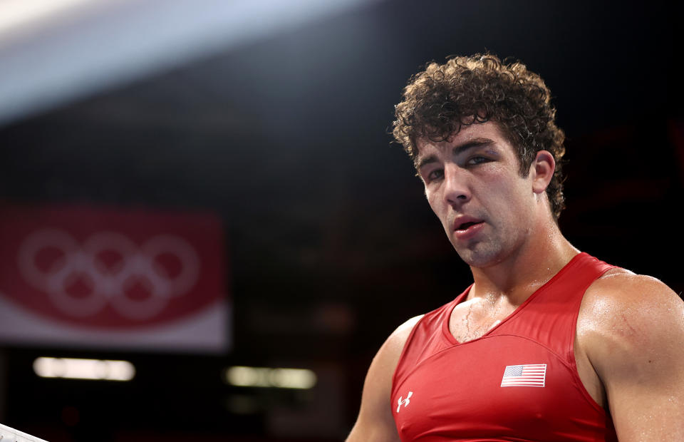 TOKYO, JAPAN - AUGUST 04: Richard Torrez Junior of Team United States reacts during the fight against Kamshybek Kunkabayav of Team Kazakhstan during the Men's Super Heavy (+91kg) semi final on day twelve of the Tokyo 2020 Olympic Games at Kokugikan Arena on August 04, 2021 in Tokyo, Japan. (Photo by Buda Mendes/Getty Images)