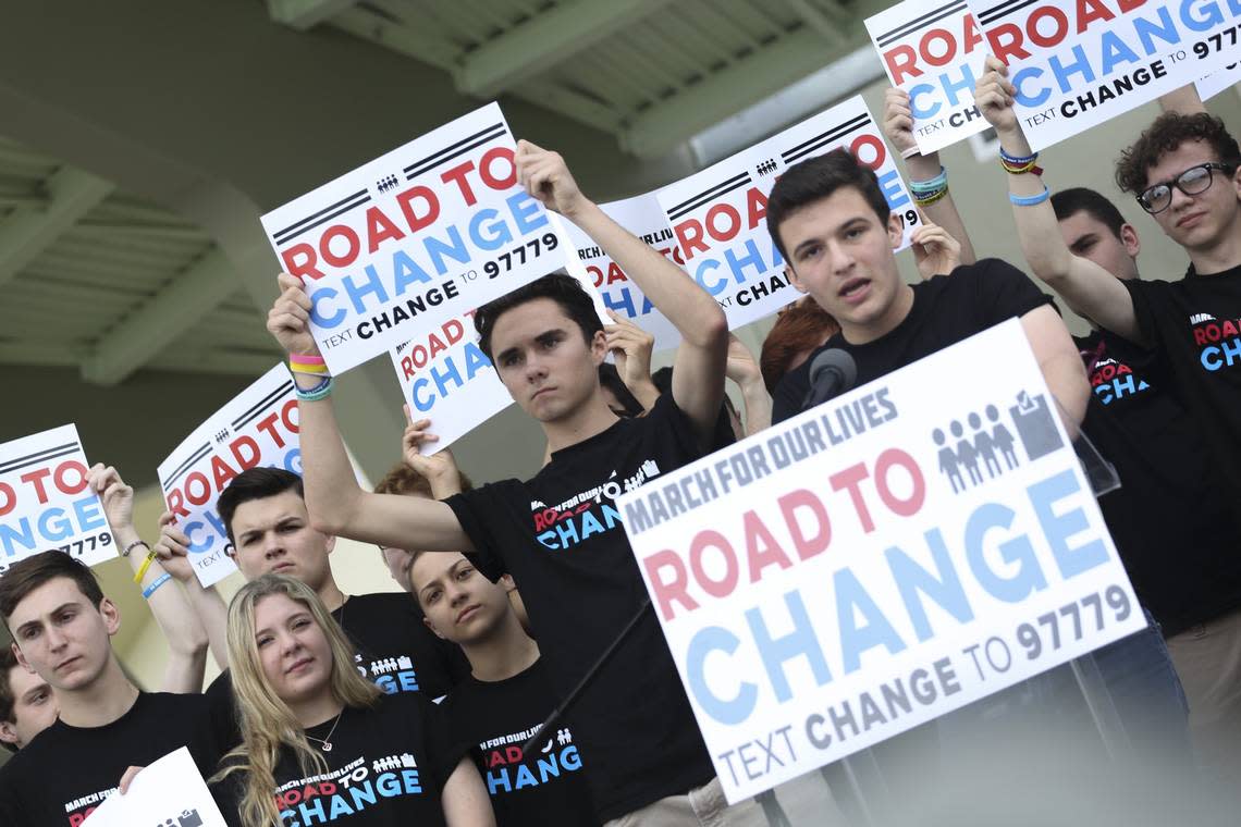 Marjory Stoneman Douglas High School students Emma Gonzalez, David Hogg and Cameron Kasky hold a press conference for the “March For Our Lives” movement.