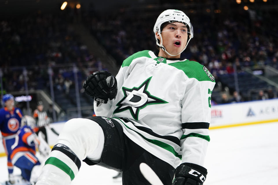 Dallas Stars' Jason Robertson celebrates after scoring a goal during the first period of an NHL hockey game against the New York Islanders Tuesday, Jan. 10, 2023, in Elmont, N.Y. (AP Photo/Frank Franklin II)