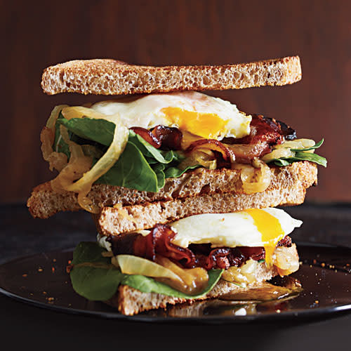Bacon and Egg Sandwiches with Caramelized Onions and Arugula