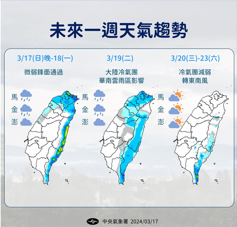 周二(19日)受到華南雲雨區影響，水氣增多。（圖／中央氣象署）