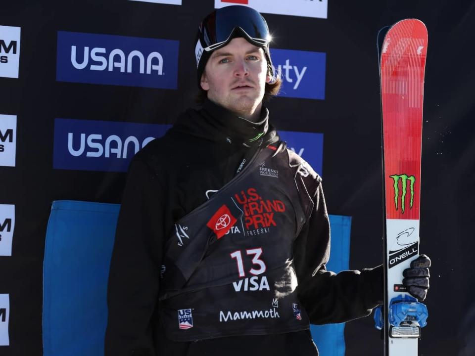 Canadian freestyle skier Evan McEachran looks on from the World Cup podium at&#xa0;Mammoth Mountain after claiming bronze on Sunday in Mammoth Lakes, Calif. (Maddie Meyer/Getty Images - image credit)