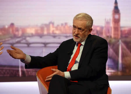 The leader of Britain's opposition Labour Party, Jeremy Corbyn, speaks on the BBC's Andrew Marr Show in London, April 23, 2017. Jeff Overs/BBC handout via REUTERS