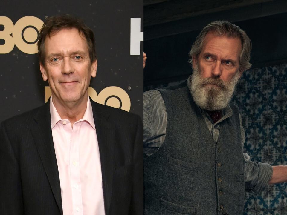 left: hugh laurie on a red carpet, smiling slightly and wearing a pink shirt with a black blazer; right: laurie as etienne in all the light we cannot see, his beard and hair grown out and worn grey, wearing a grey shirt and vest and peering around a corner