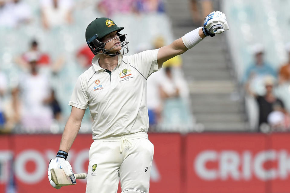 Australia's Steven Smith walks off the field after being dismissed by New Zealand's Neil Wagner during their cricket test match in Melbourne, Australia, Saturday, Dec. 28, 2019. (AP Photo/Andy Brownbill)