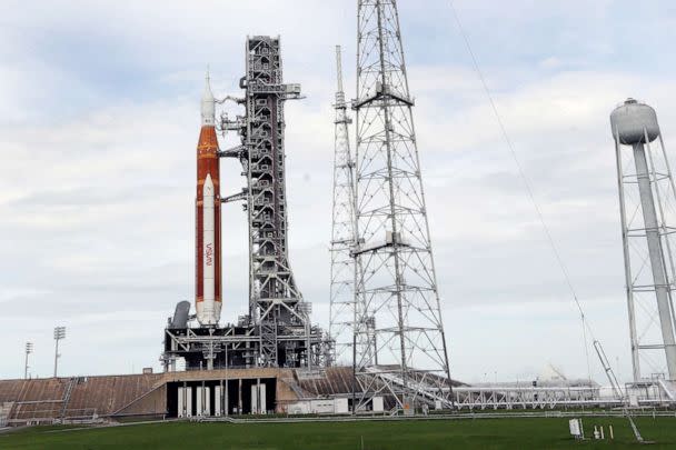 PHOTO: The NASA moon rocket stands on Pad 39B after today's launch for the Artemis 1 mission to orbit the Moon was scrubbed at the Kennedy Space Center in Cape Canaveral, Fla., Aug. 29, 2022. (John Raoux/AP)