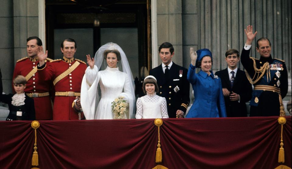 Princess Anne and Prince Charles stand near each other after Anne's wedding to Mark Phillips on November 14, 1973 in London, England.