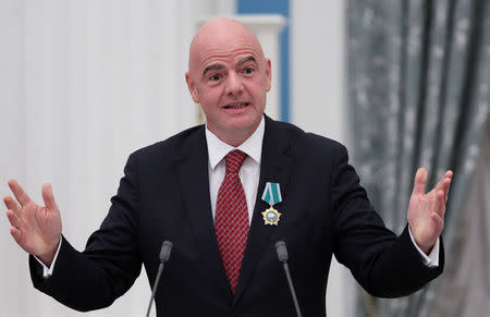 FIFA President Gianni Infantino delivers a speech during an awarding ceremony at the Kremlin in Moscow, Russia May 23, 2019. REUTERS/Evgenia Novozhenina