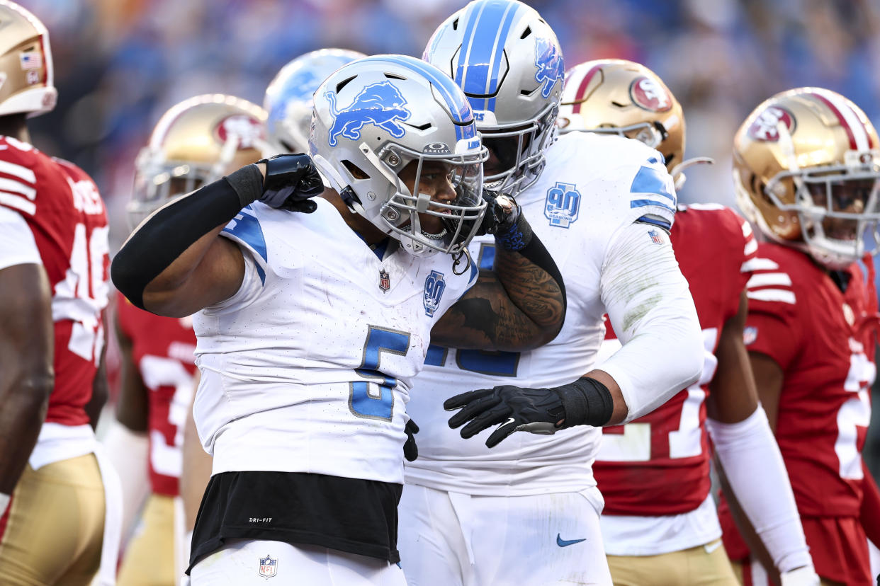 SANTA CLARA, CA - JANUARY 28: David Montgomery #5 of the Detroit Lions celebrates after scoring a touchdown during the first quarter of the NFC Championship NFL football game against the San Francisco 49ers at Levi's Stadium on January 28, 2024 in Santa Clara, California. (Photo by Kevin Sabitus/Getty Images)