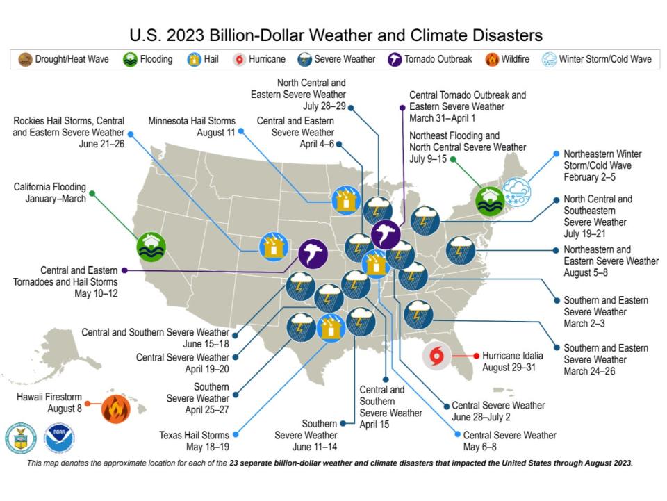 An NOAA map detailing the 23 climate and weather disasters that caused at least $1bn in damages in 2023 (NOAA)
