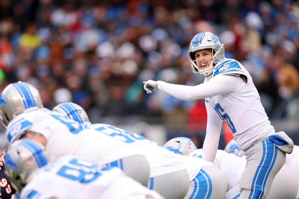 Lions quarterback Jared Goff calls a play at the line during the third quarter on Sunday, Dec. 10, 2023, in Chicago.