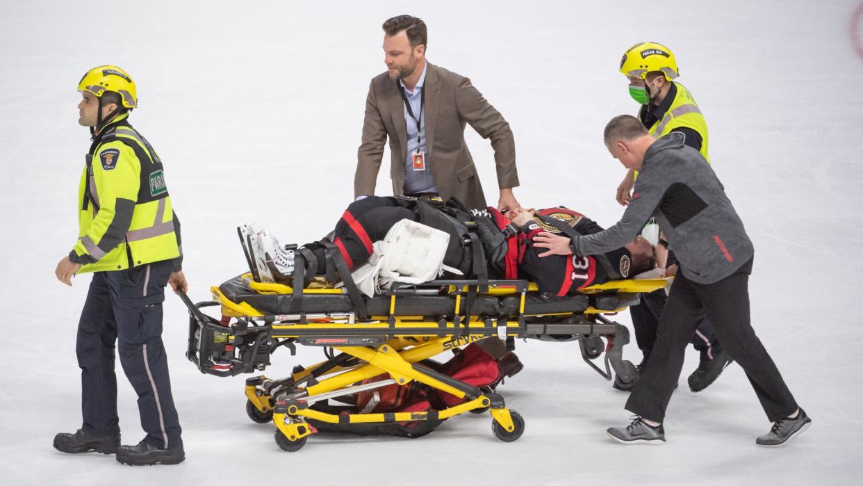 Ottawa Senators goaltender Anton Forsberg suffered MCL tears in both of his knees and had to be stretchered off the ice on Saturday. (Reuters)