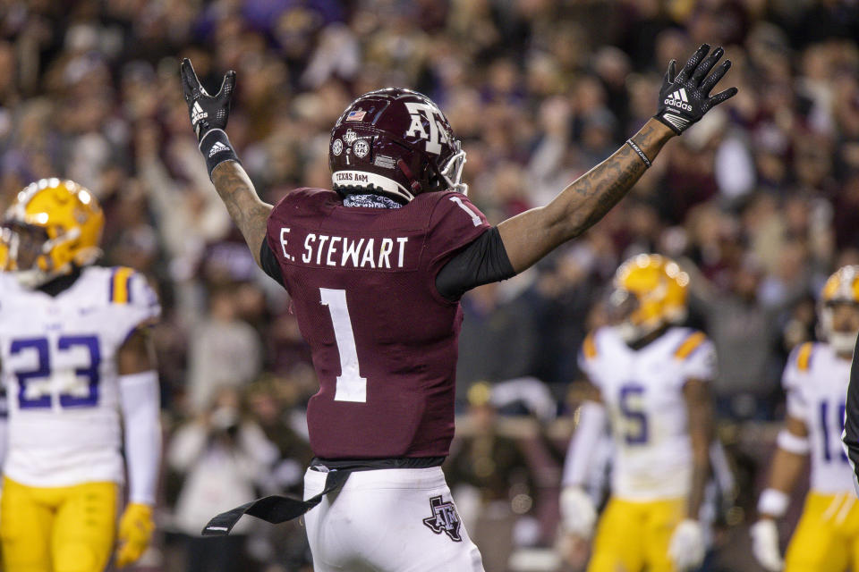 Nov 26, 2022; College Station, Texas; Texas A&M Aggies wide receiver Evan Stewart (1) celebrates a touchdown catch by wide receiver Moose Muhammad III (7) against the LSU Tigers during the second half at Kyle Field. Jerome Miron-USA TODAY Sports