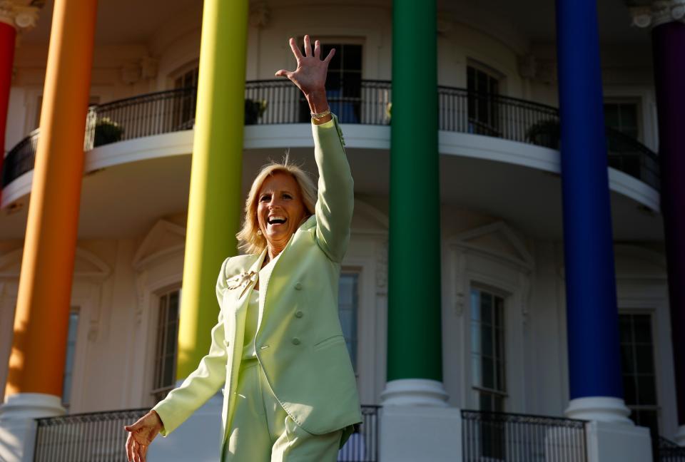 WASHINGTON, DC - JUNE 26: U.S. First lady Jill Biden walks onstage during a Pride celebration on the South Lawn of the White House on June 26, 2024 in Washington, DC. The first lady's office hosted the event to honor Pride Month.. (Photo by Anna Moneymaker/Getty Images)