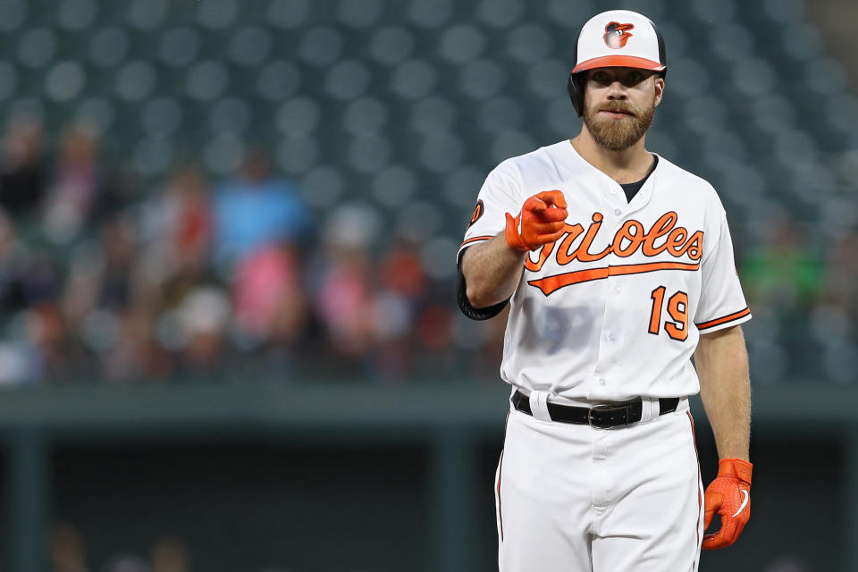 BALTIMORE, MARYLAND - APRIL 23: Chris Davis #19 of the Baltimore Orioles looks on after reaching second base on a throwing error against the Chicago White Sox during the second inning at Oriole Park at Camden Yards on April 23, 2019 in Baltimore, Maryland. (Photo by Patrick Smith/Getty Images)