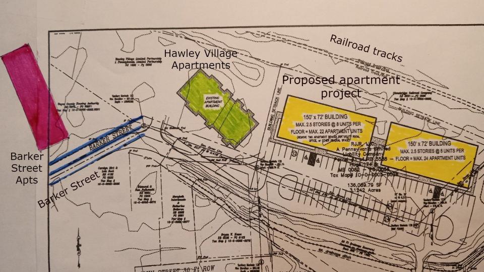 This map sketch shows the proposed apartment two-building complex at right and its comparative placement and size with Hawley Village Apartments in center and Barker Street Apartments at left. This map is adapted from the one rendered by Tompkins Engineering for the conditional use hearing set Nov. 13 for Barker Street Partners, LLC. The location of Barker Street Apartments was added, as were the colors and larger identifying labels for the three apartment projects and railroad tracks.