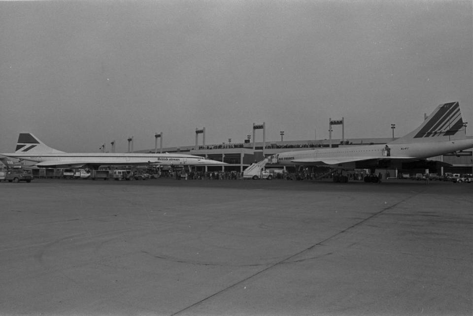 British Airways and Air France Concorde jets parked at DFW Airport, January 13, 1979
