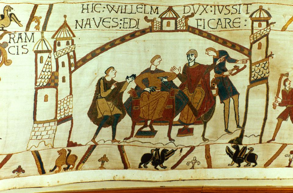 UNSPECIFIED - CIRCA 1754: Bayeux Tapestry 1067. William of Normandy (William the Conqueror) told of the death of Edward the Confessor and the crowning of Harold II as king of England. Sitting on right is William's half-brother Bishop Odo of Bayeux. Textile (Photo by Universal History Archive/Getty Images)