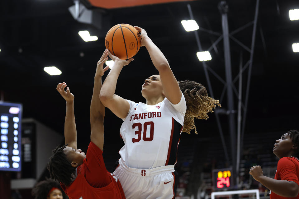 Stanford guard Haley Jones (30) shoots against Sacred Heart guard Ny'Ceara Pryor during the first half of a first-round college basketball game in the women's NCAA Tournament in Stanford, Calif., Friday, March 17, 2023. (AP Photo/Josie Lepe)