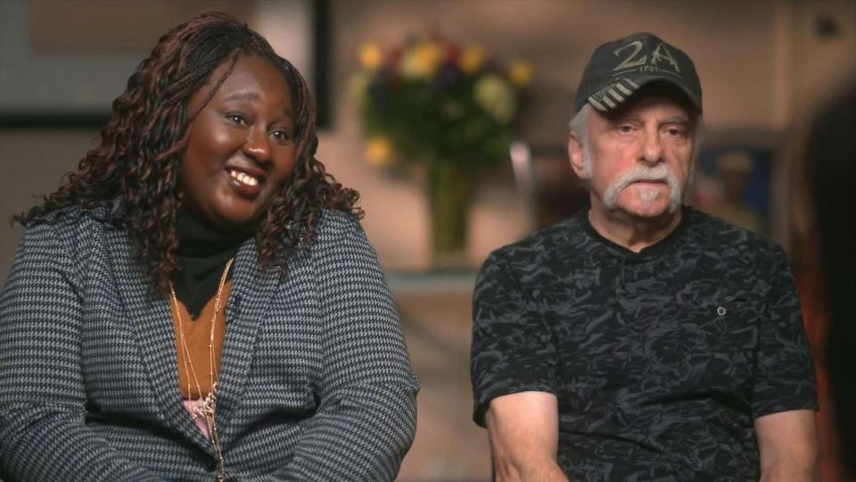 PHOTO: Claudine Gates and Dan Jovanovic, the mother and stepfather of Travis King, a US Army private charged by the Army with desertion for crossing the demilitarized zone into North Korea speaks with ABC News, Oct. 24, 2023. (ABC News)