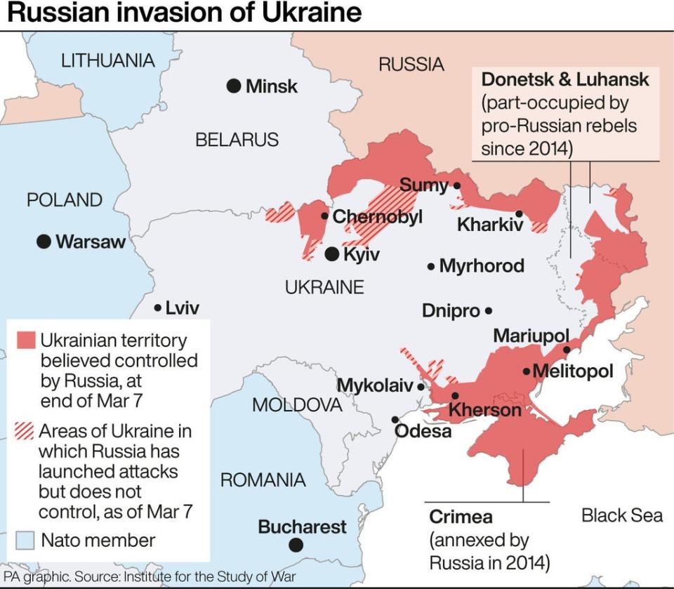 The extent of Russia’s invasion of Ukraine (Press Association Images)