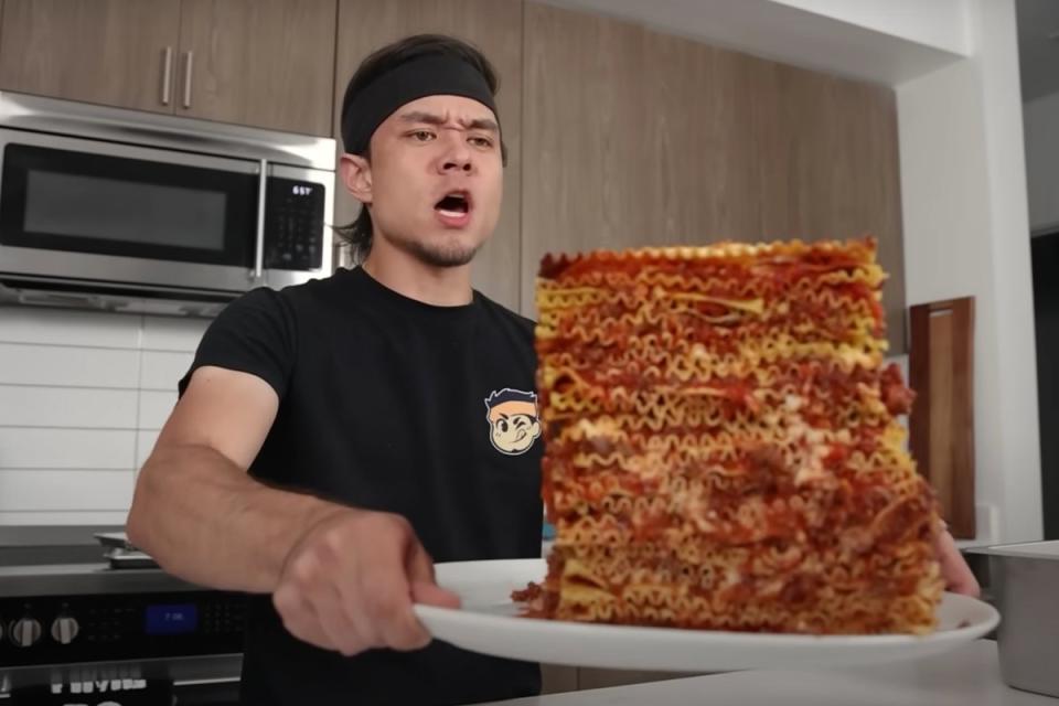 Competitive eating influencer Matt Stonie shows off a 100-layer lasagna (YouTube)