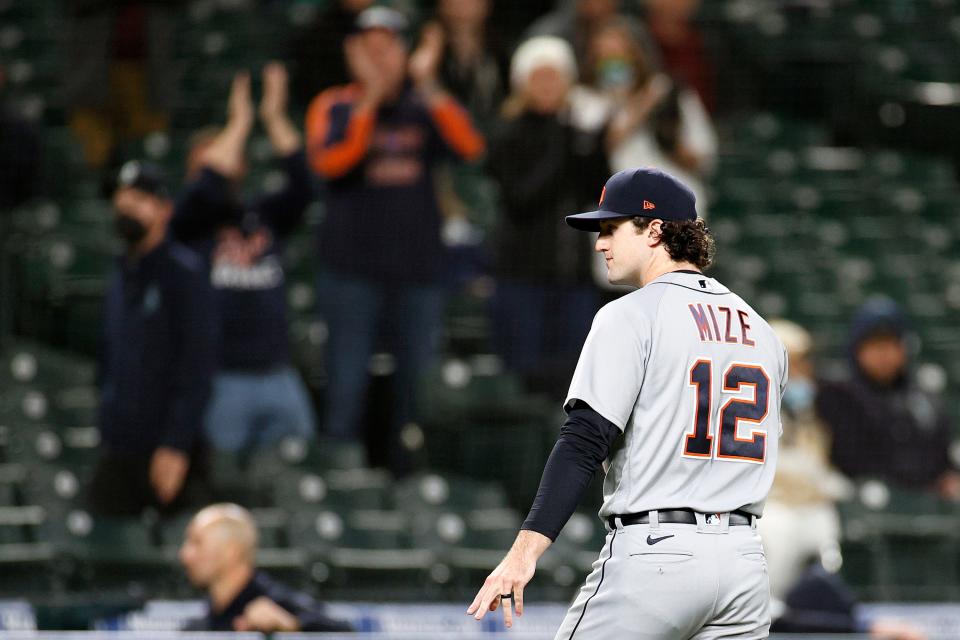 Casey Mize #12 of the Detroit Tigers gestures after he was taken out of the game during the eighth inning against the Seattle Mariners at T-Mobile Park on May 17, 2021.