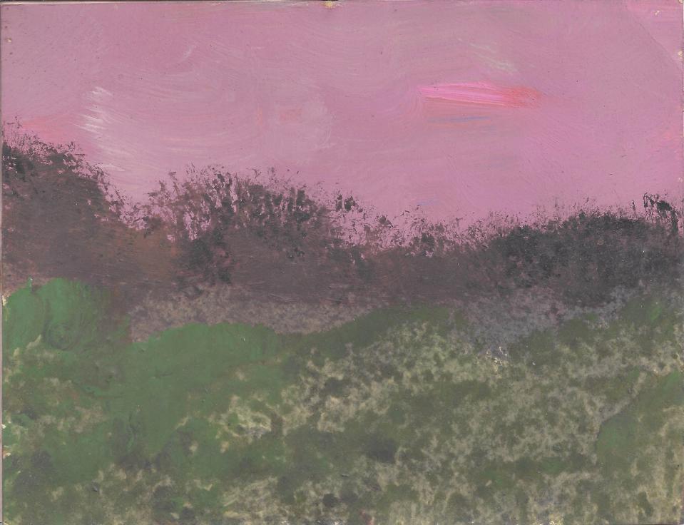 <p>Untitled (Pink and lavender sky with green foreground and brown plantings)</p> (Courtesy Kenneth M Milton Fine Arts)