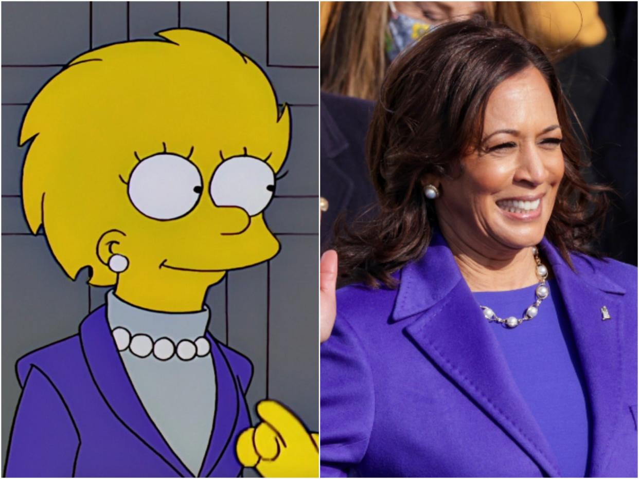 La presidenta Lisa Simpson en el episodio de Los Simpson 'Bart to the Future', y la vicepresidenta Kamala Harris ayer (20 de enero) (Disney/Alex Wong/Getty Images)